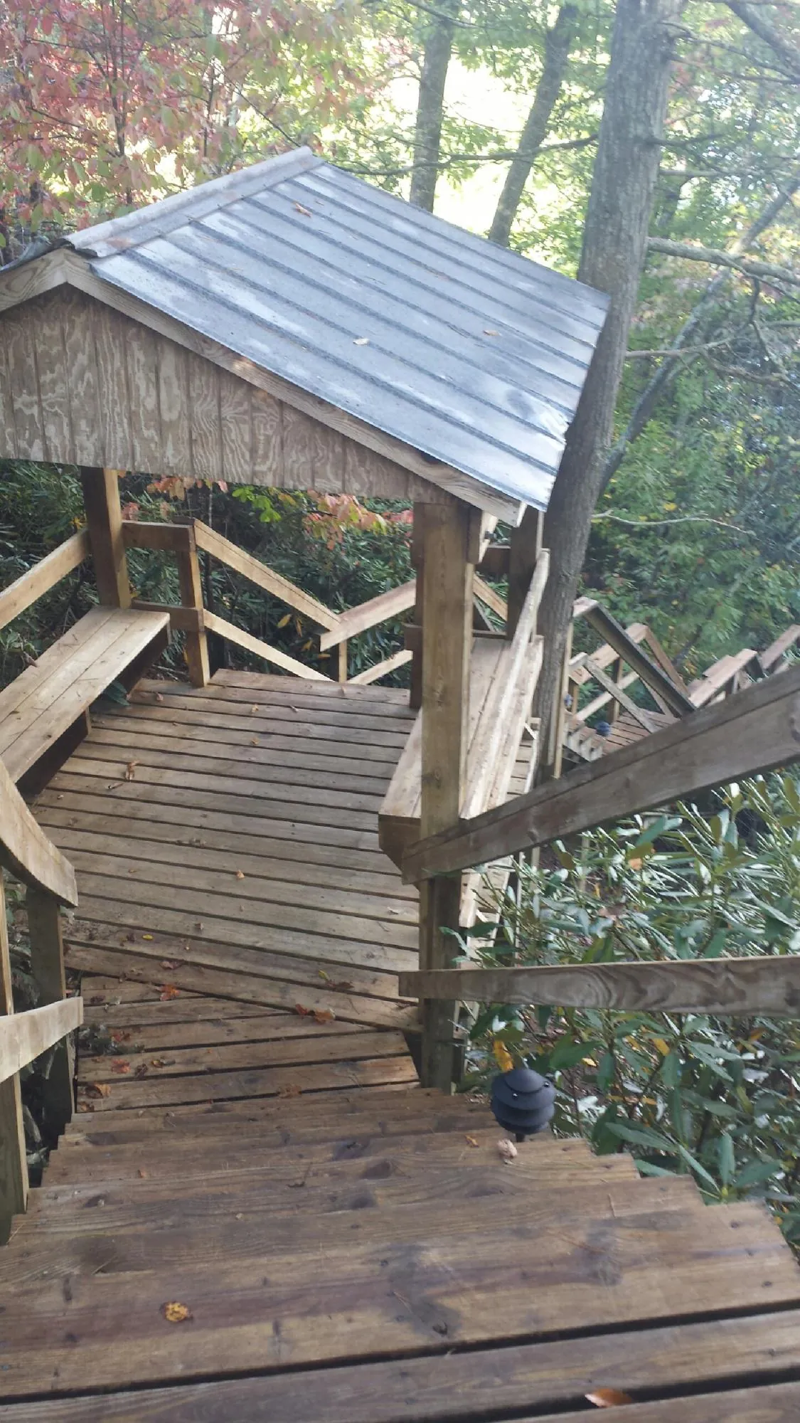 Metal roofed shelter over wooden steps on a wooded walkway — Skylight Repair & Installation work by our crew in Mitchells